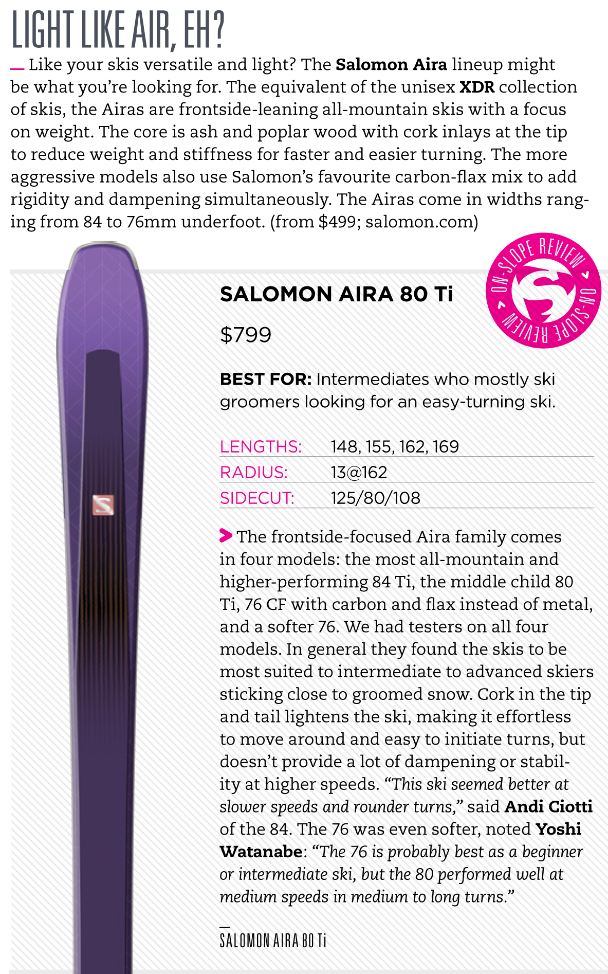 wat betreft hoofdpijn overdrijven Test 2019 women - Salomon Aira 80 Ti/ Ski Canada Magazine