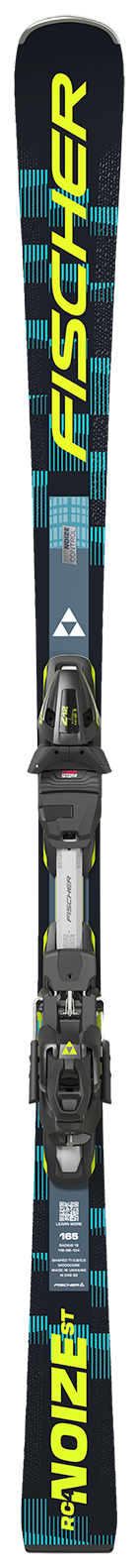 Fischer RC4 ski with bindings displayed vertically