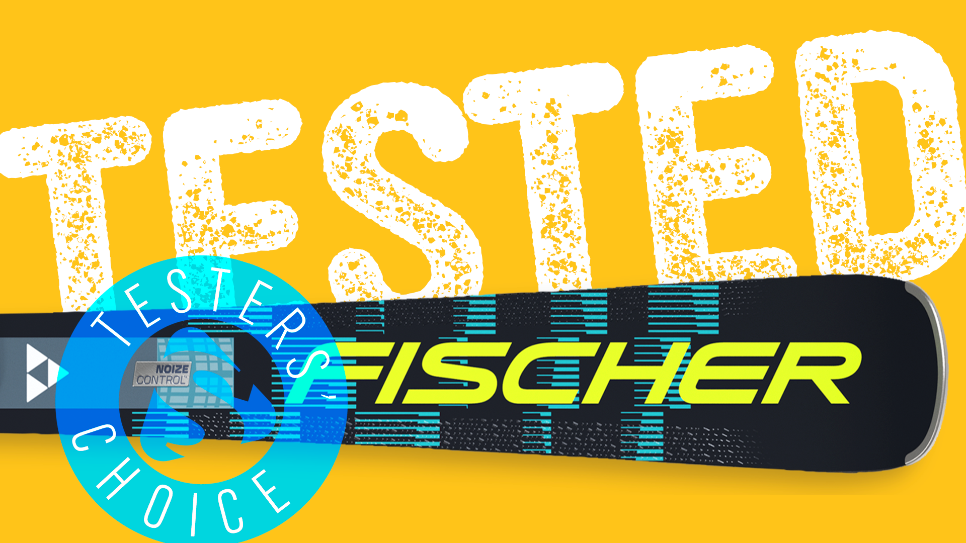 Fischer RC4 ski tip close‑up with Tested badge overlay