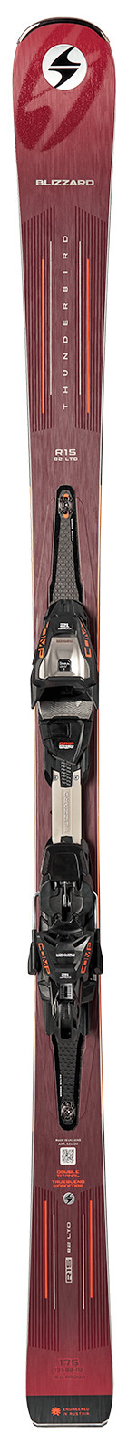Blizzard Thunderbird R15 LTD ski shown vertically with bindings