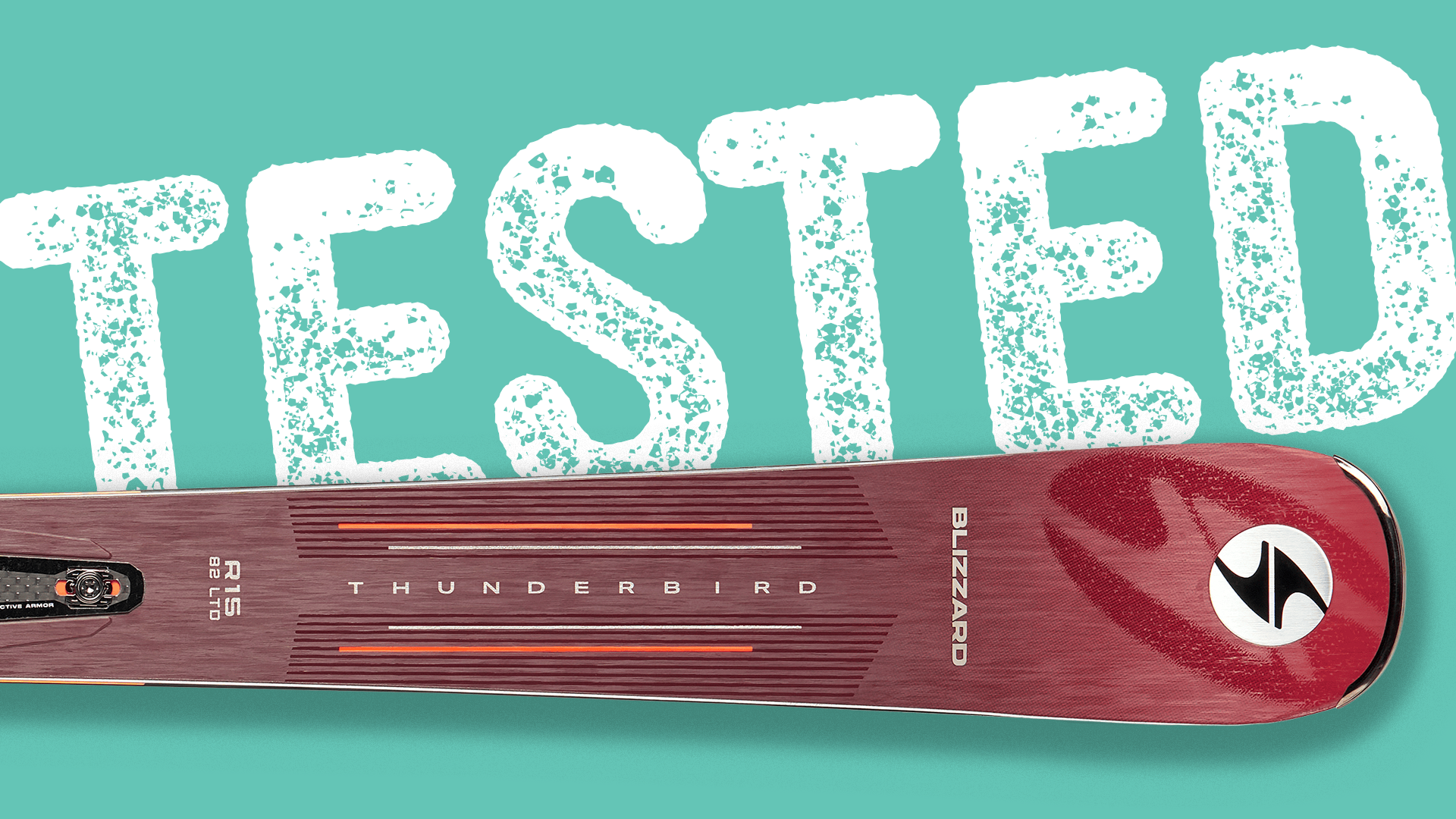 Blizzard Thunderbird ski tip close-up with Tested badge overlay