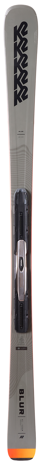 K2 Blur XT ski shown vertically with bindings