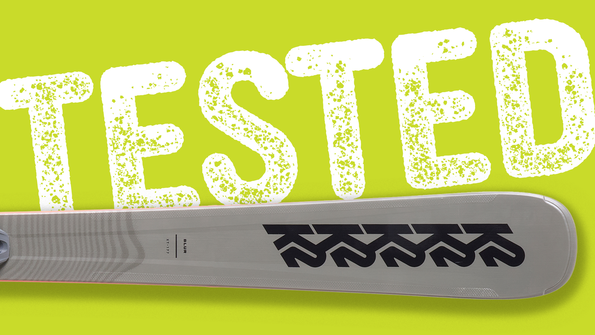 K2 Blur XT ski tip close-up with Tested badge overlay