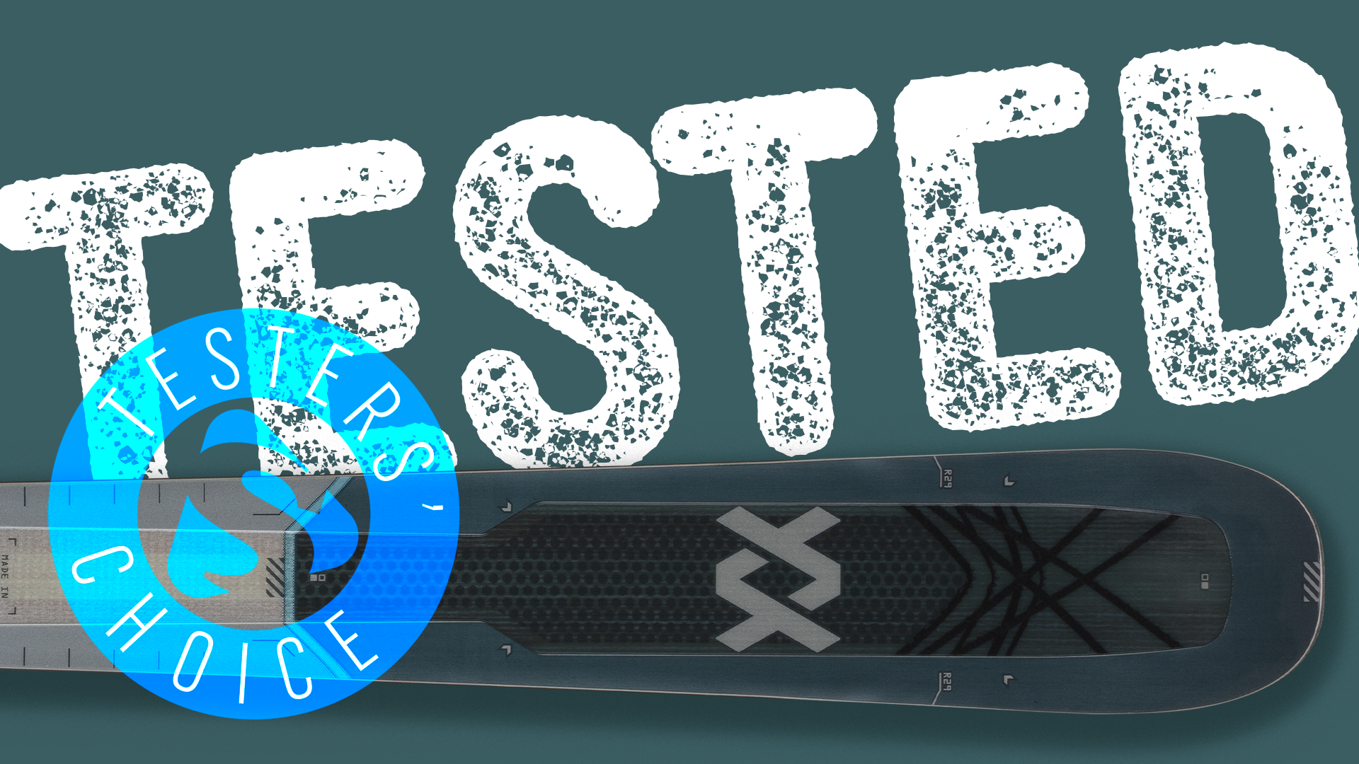 Völkl Mantra 84 ski tip close-up with Tested badge overlay