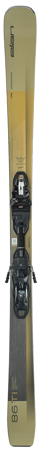 Elan Wingman 86 Ti ski shown vertically with bindings