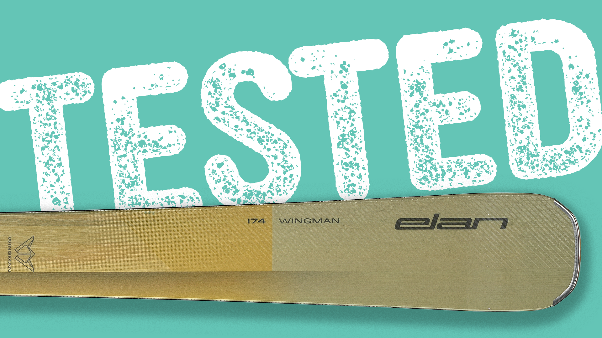Elan Wingman 86 Ti ski tip close-up with Tested badge overlay
