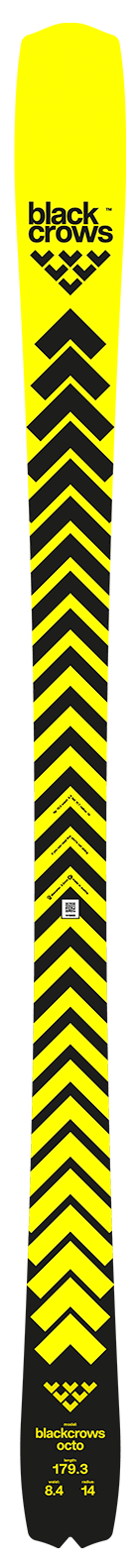Black Crows Octo ski shown vertically in bright yellow and black chevron pattern