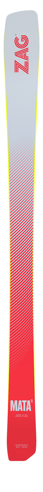 Zag MATA Ti ski shown vertically in grey, red, and neon yellow