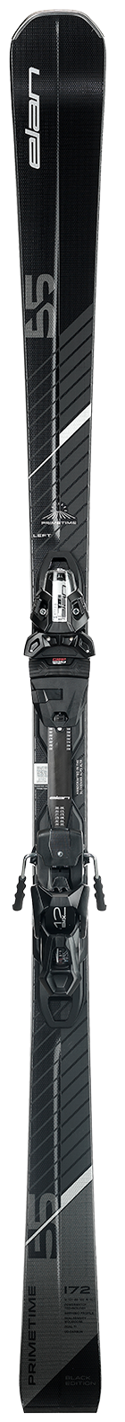 Elan Primetime 55 ski with bindings displayed vertically