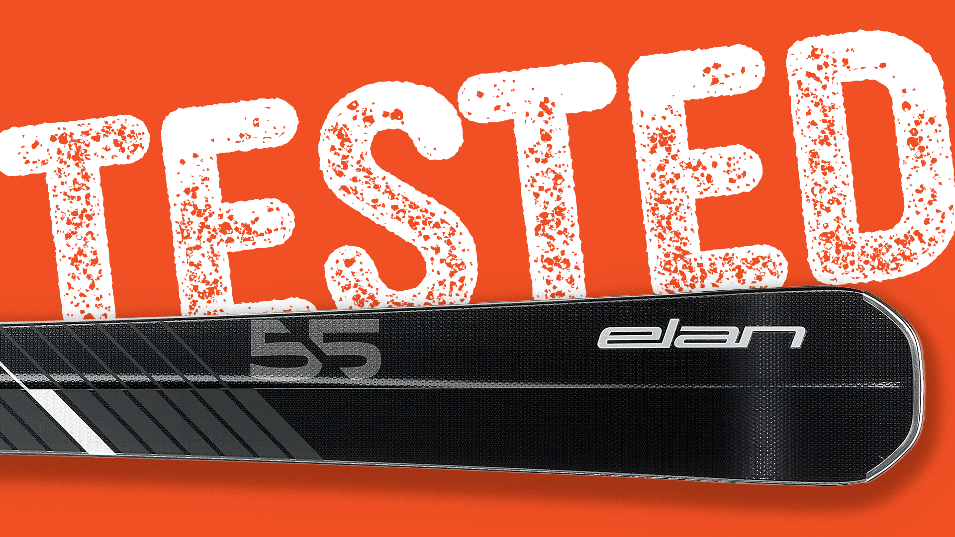 Elan Primetime 55 ski tip close‑up with Tested badge overlay