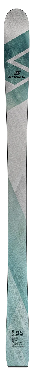 Stöckli Stormrider 95 ski shown vertically in grey and teal