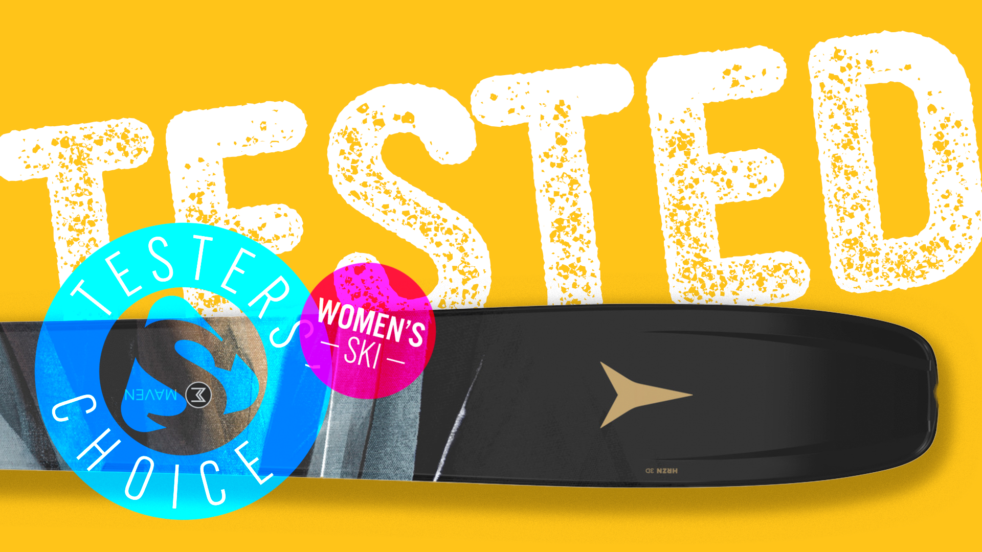 Atomic Maven 94 ski tip close-up with Women’s Ski Tested badge