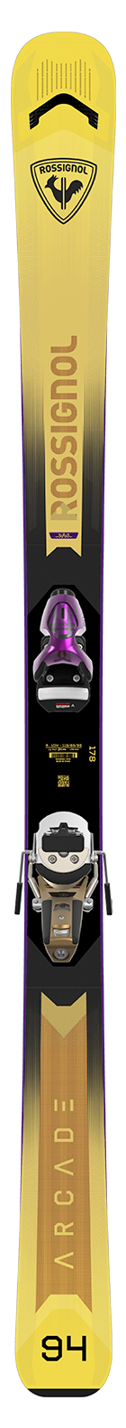 Rossignol Arcade 94 ski shown vertically with bindings in yellow and black gradient