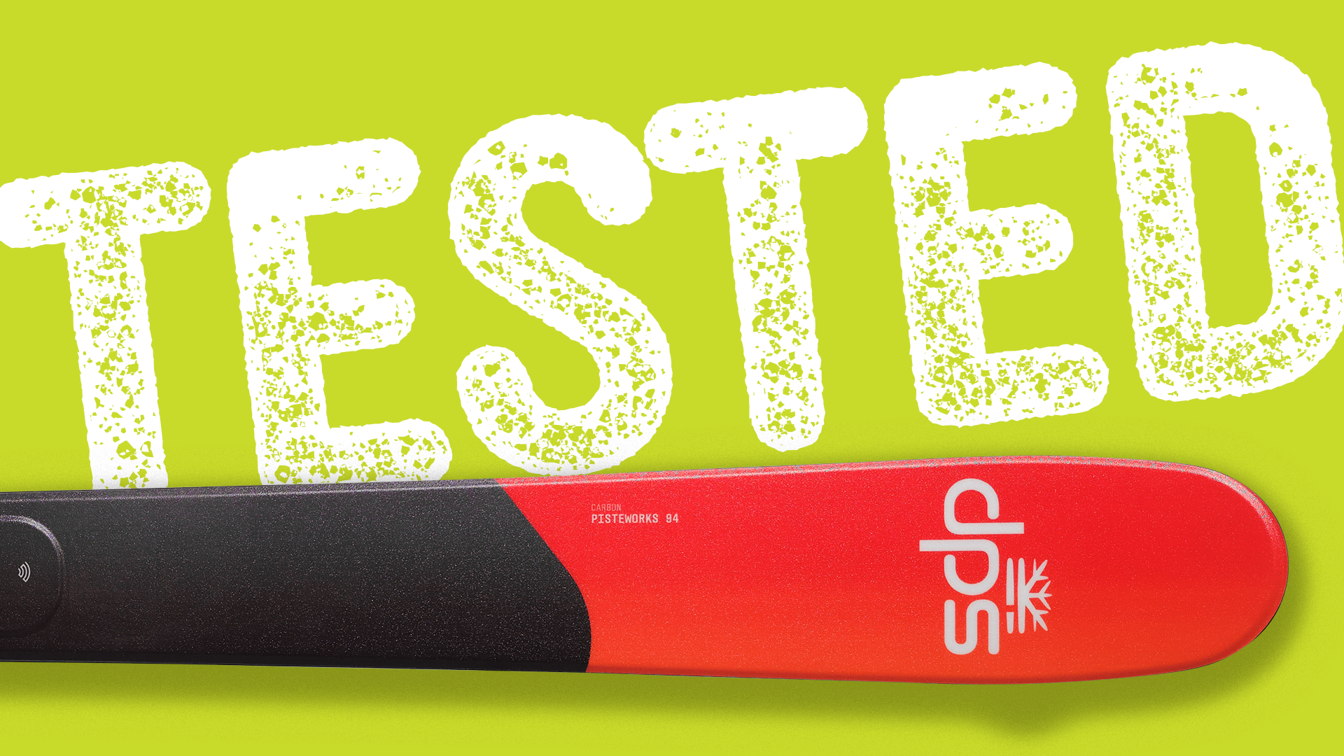 DPS Carbon Pisteworks 94 ski tip close-up with Tested badge overlay