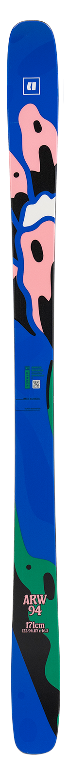 Armada ARW 94 women’s ski shown vertically with bold blue, pink and black graphic art