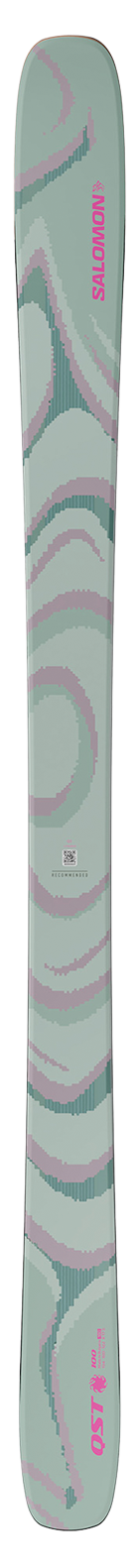 Salomon QST 100 ski shown vertically in soft green with pixel-wave graphics