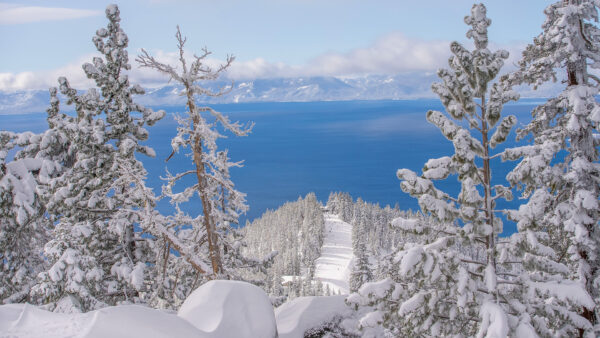 Snow-covered trees frame Snowflake Lodge with Lake Tahoe in the background at Diamond Peak Ski Resort.