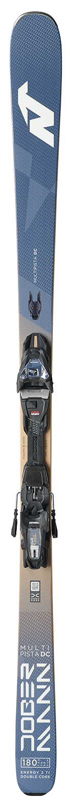 Nordica Dobermann Multi Pista DC ski shown vertically with bindings