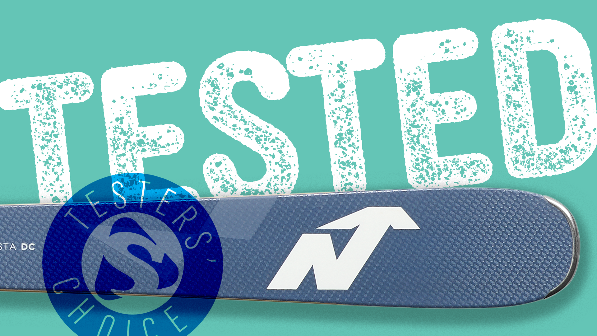 Nordica Dobermann ski tip close‑up with Tested badge overlay
